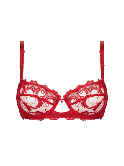 Red lace bra on a white background