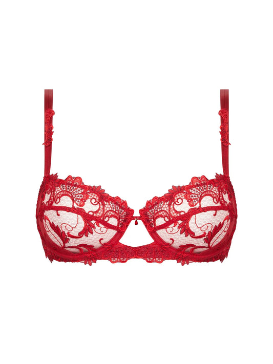 Red lace bra on a white background