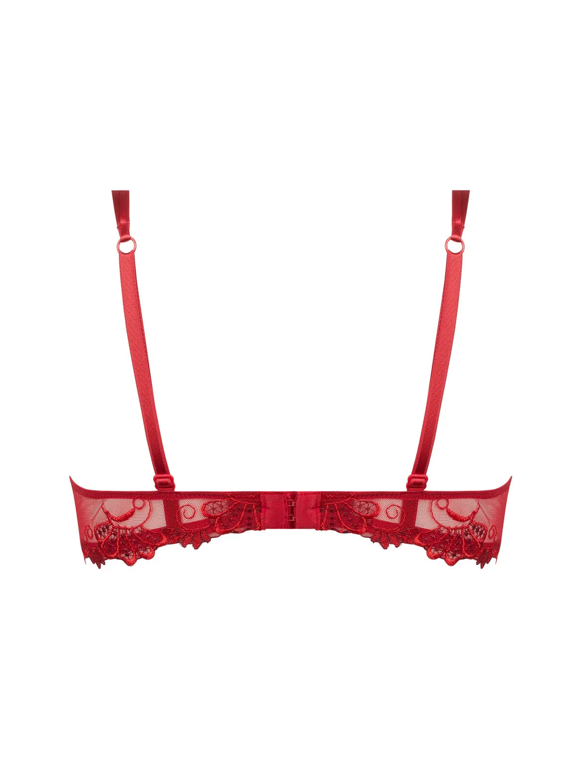 Red lace bra with thin straps on a white background