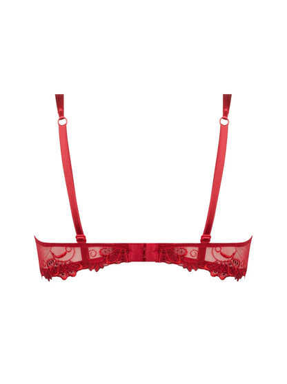 Red lace bra with thin straps on a white background
