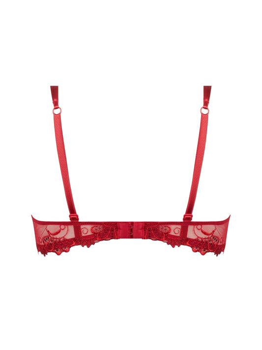 Red lace bra with thin straps on a white background