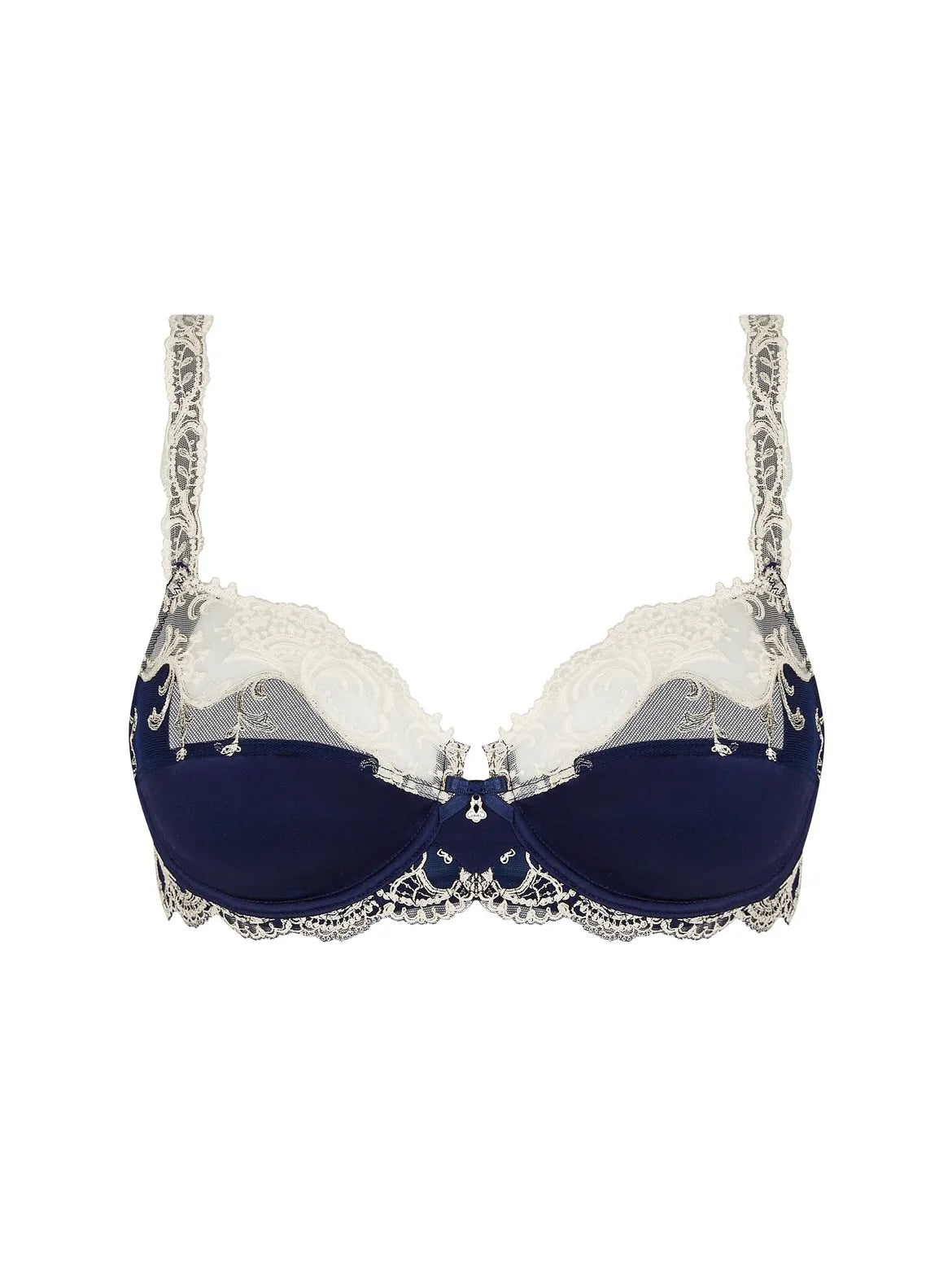 Navy blue bra with lace detailing on a white background