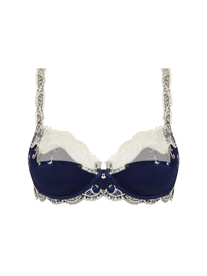 Navy blue bra with lace detailing on a white background