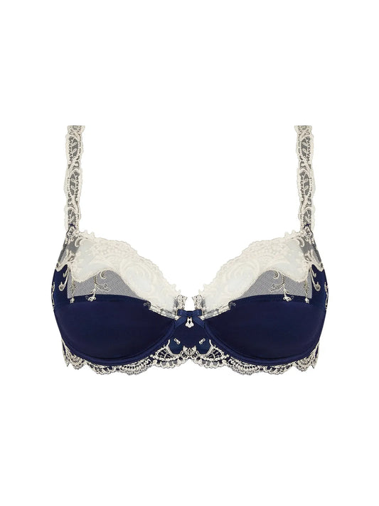 Navy blue bra with lace detailing on a white background