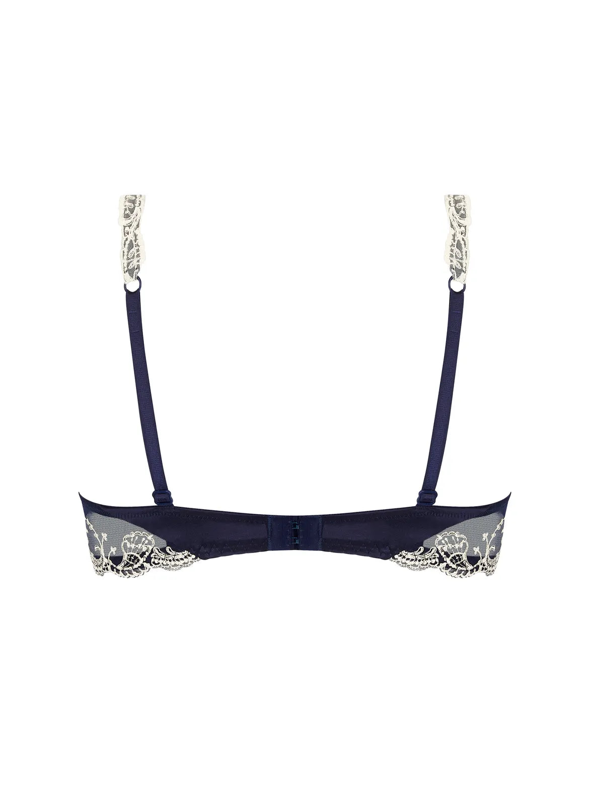 Navy blue bra with lace details on a white background