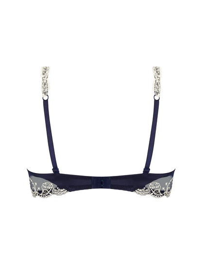 Navy blue bra with lace details on a white background
