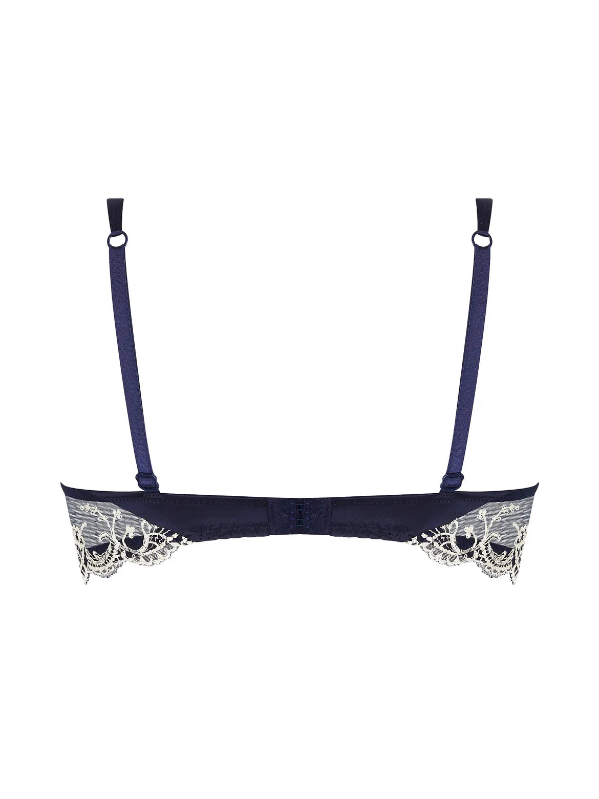 Navy blue bra with lace detailing on a white background