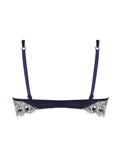 Navy blue bra with lace detailing on a white background