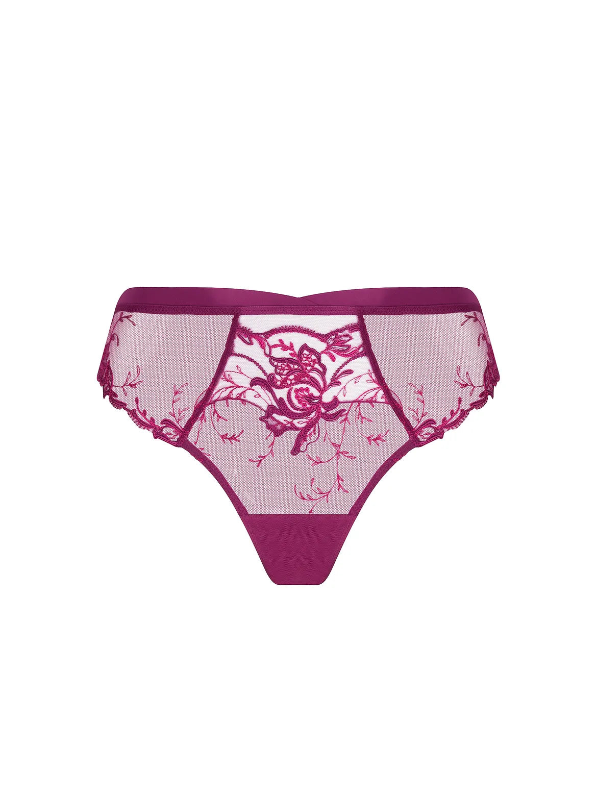 Pink lace underwear with floral design on a white background