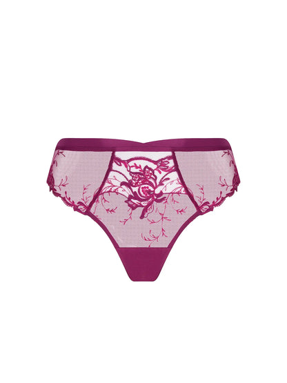 Pink lace underwear with floral design on a white background