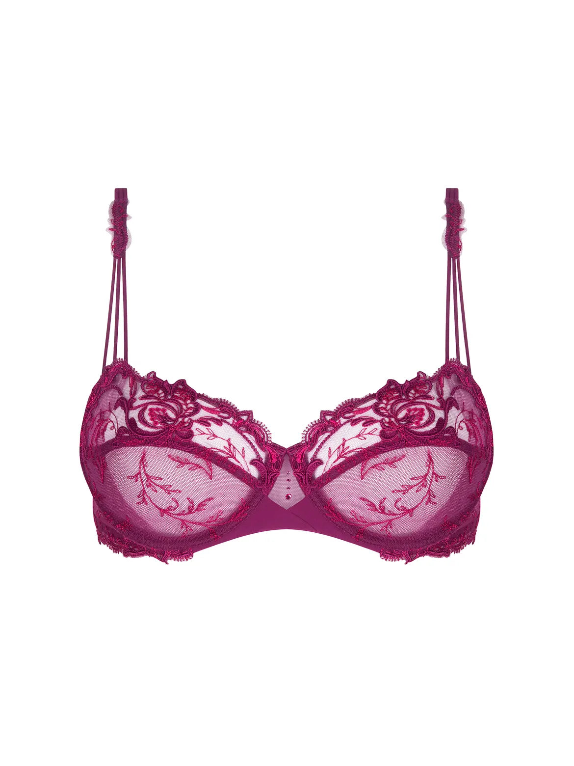 Pink bra with floral lace details on a white background