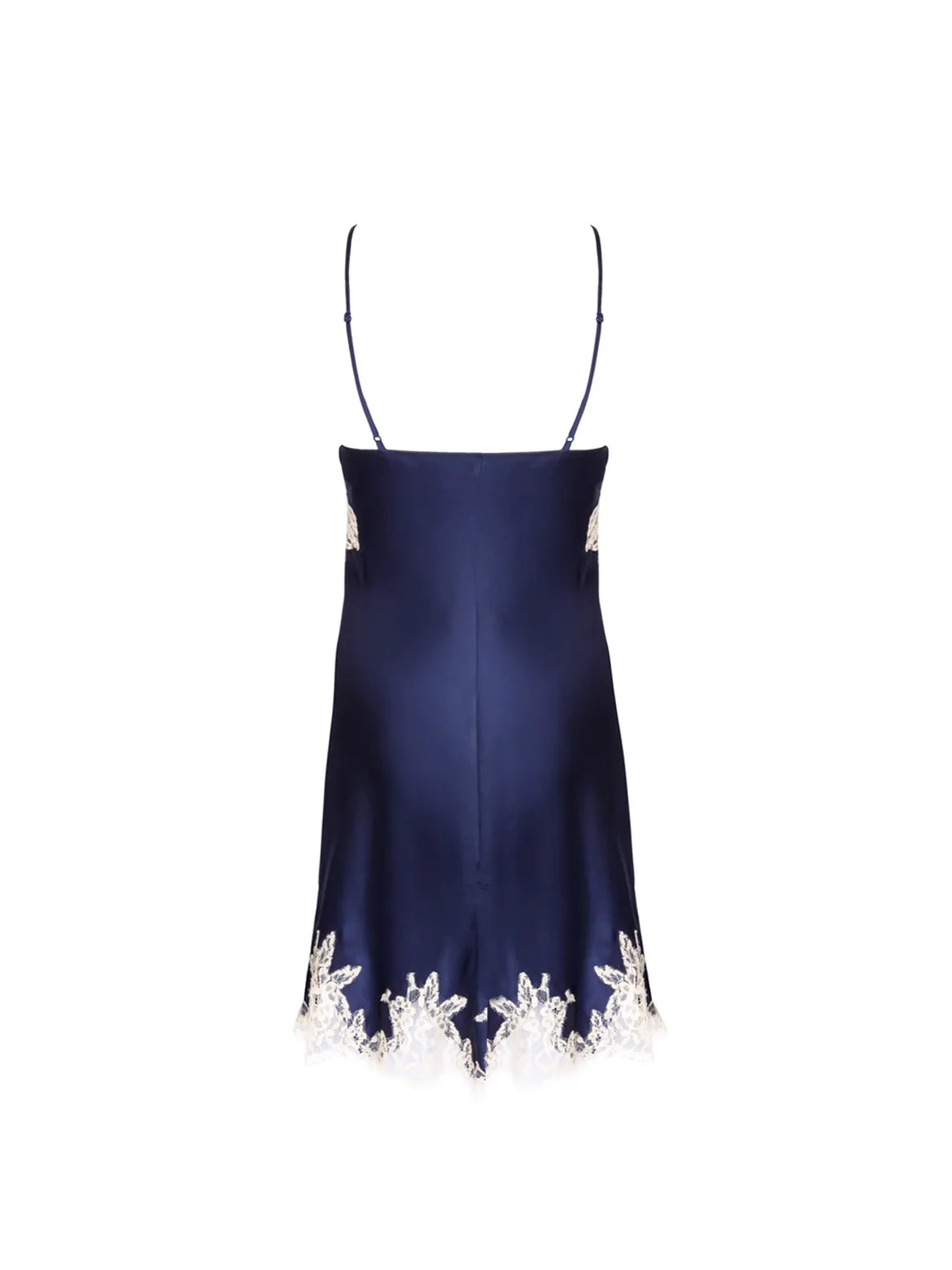 Navy blue satin slip dress with lace trim on a white background