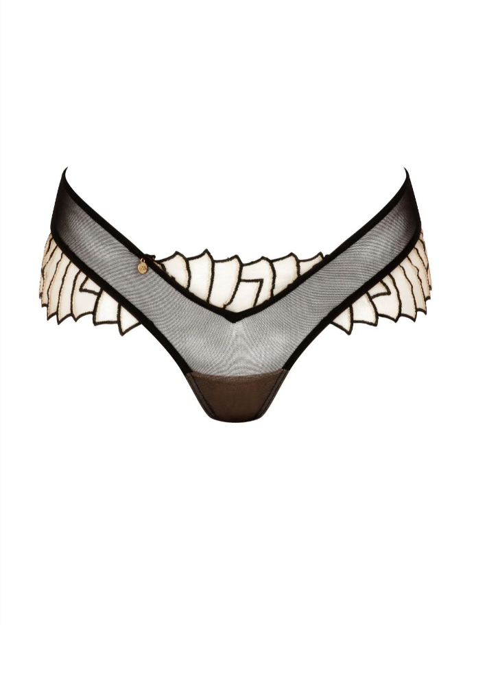 Black mesh lingerie with white lace trim on a white background