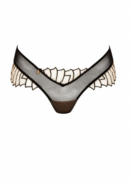 Black mesh lingerie with white lace trim on a white background