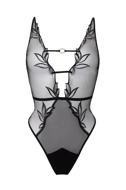 Sheer black swimsuit with floral lace details on a white background.