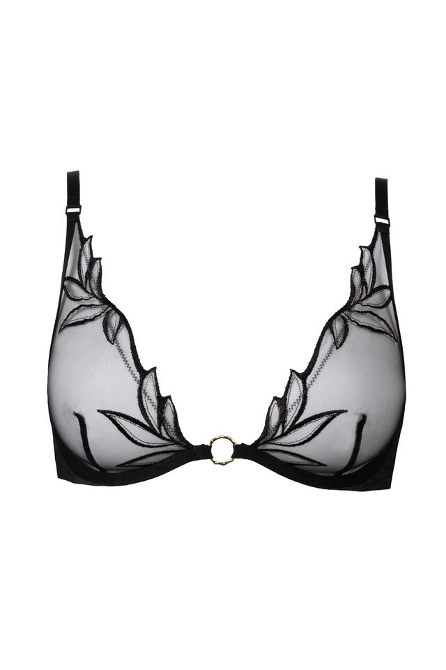 Black lace bra on a white background