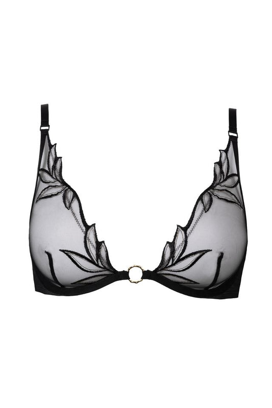 Black lace bra on a white background