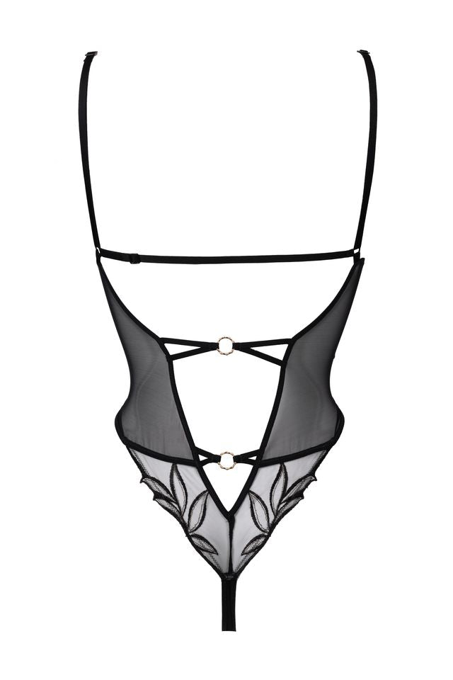 Black strappy lingerie with floral details on a white background.