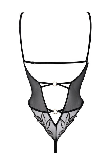 Black strappy lingerie with floral details on a white background.