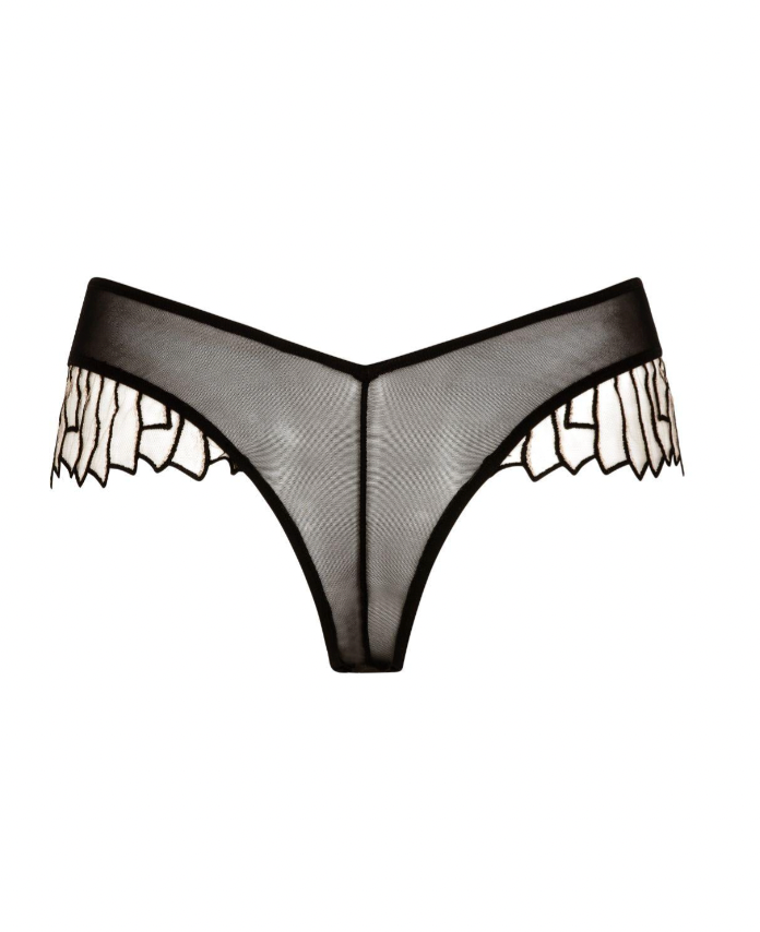 Black mesh thong with lace trim on a white background