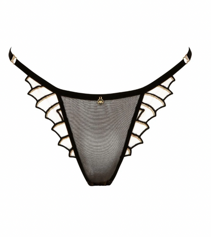 Black lace lingerie with gold accents on a white background