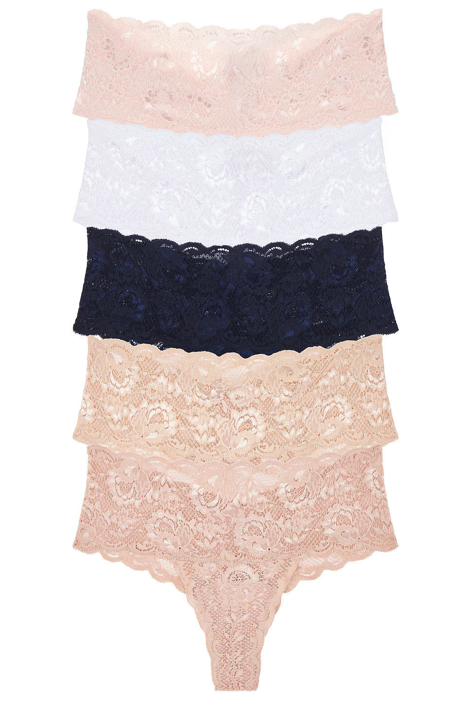 Stack of lace lingerie pieces on a white background