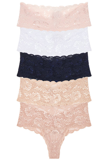 Stack of lace lingerie pieces on a white background