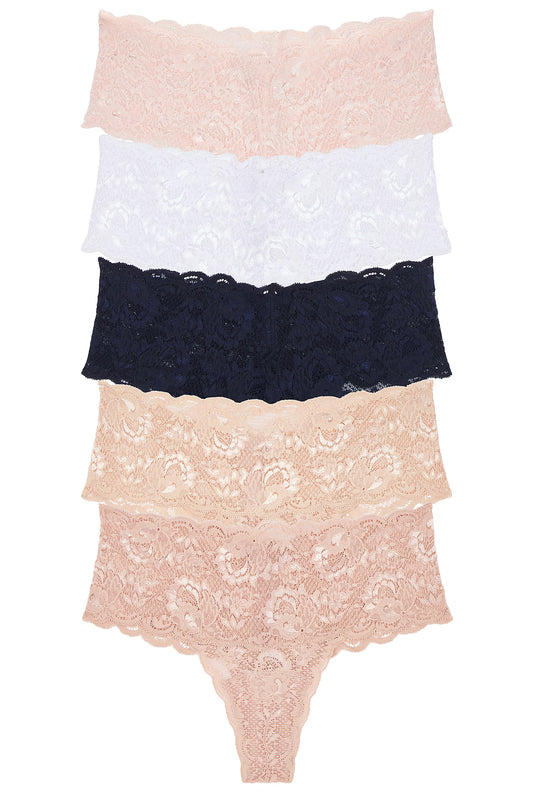 Stack of lace lingerie pieces on a white background