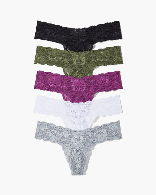 Set of four lace-patterned panties in black, green, purple, and white on a white background.