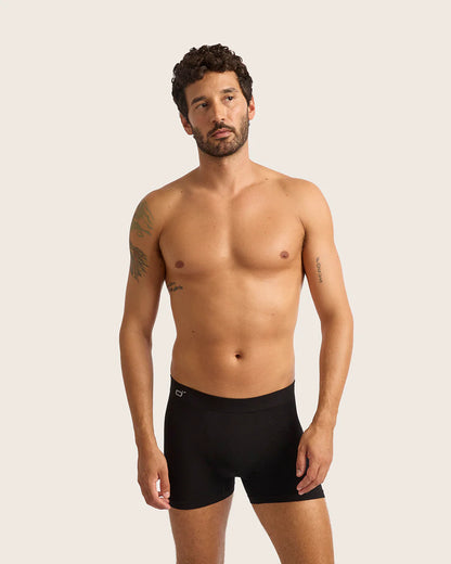 Man wearing black boxer briefs against a plain background
