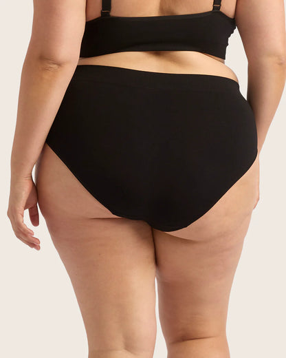 Person wearing a black bikini set on a plain background