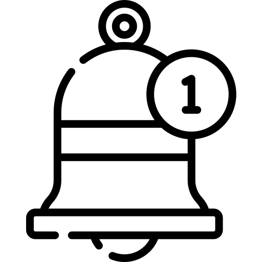 Black icon of a bell with a number 1 on a white background