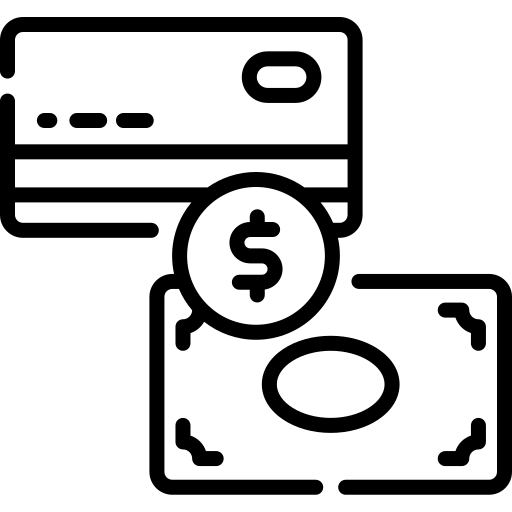 Icon of a credit card, dollar sign, and cash with a magnifying glass, symbolizing financial analysis or scrutiny.