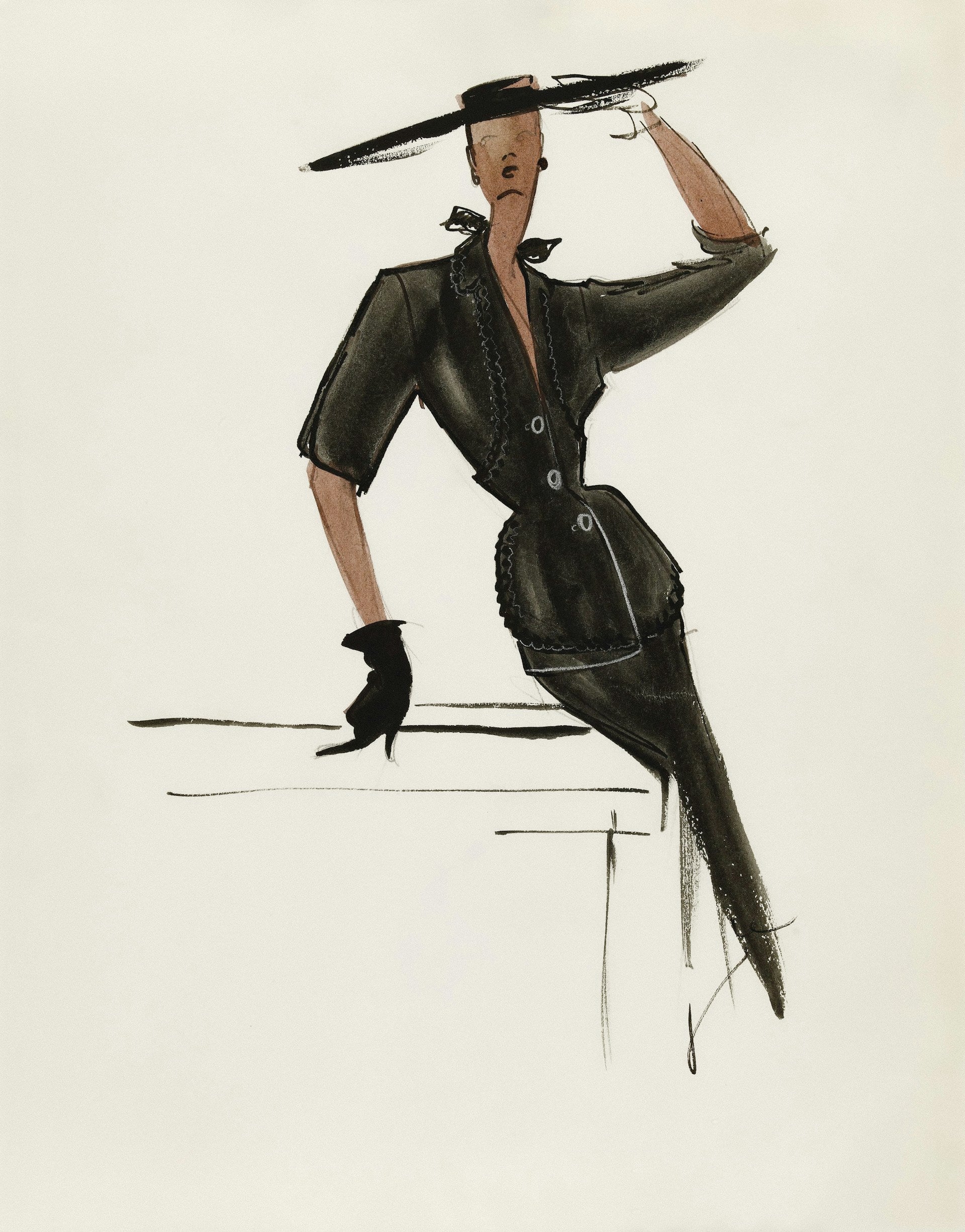 Illustration of a person in a black outfit with a hat on a light background