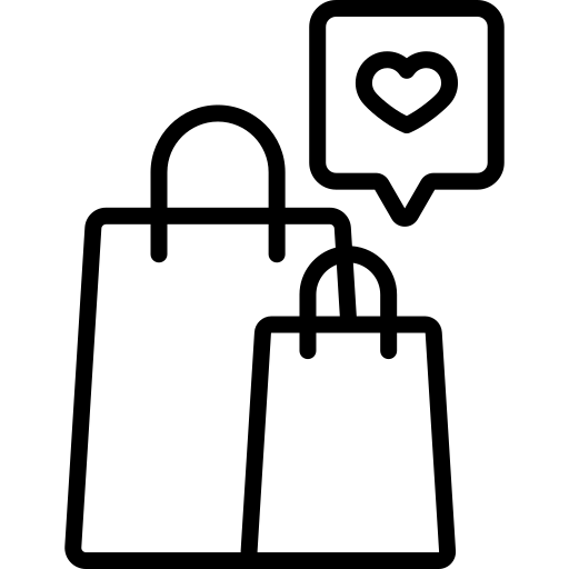 Outline of two shopping bags with a heart symbol in a speech bubble above them on a white background.