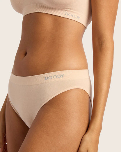 Beige underwear with 'Boody' branding on a neutral background