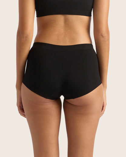 Person wearing black high-waisted bikini bottoms on a light pink background