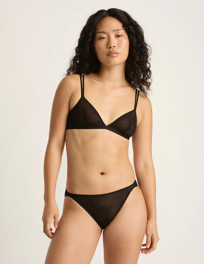 Woman wearing a black bikini against a plain background